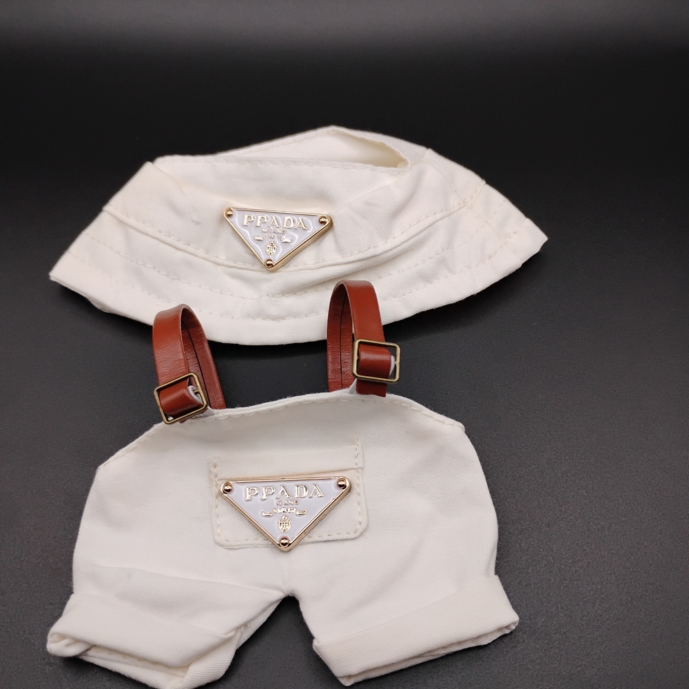 LABUBU OUTFITS Labubu Prada Vibes White Overalls With Matching Hate Set - Picture 2 of 2